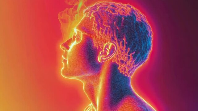 Conceptual ai humanoid profile with glowing wireframe turning slowly. Artificial intelligence visualization with a digital human head rotating in a colorful, futuristic metaverse