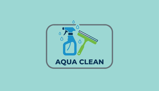 Aqua clean cleaning service logo showing a blue spray bottle and a green window squeegee with water droplets.