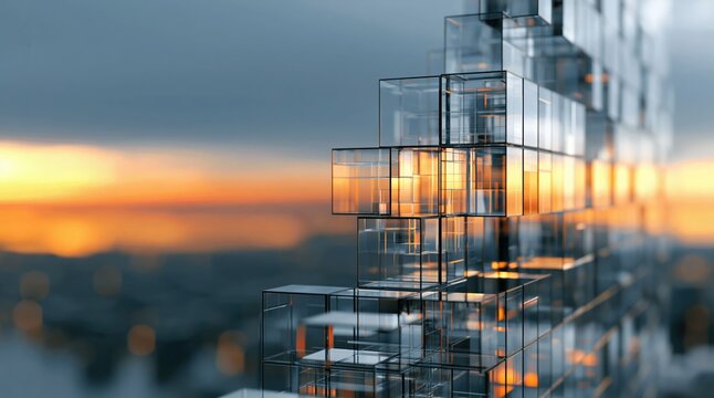 Abstract transparent glass cubes floating above a reflective landscape at twilight with soft city lights and a fantasy atmosphere.