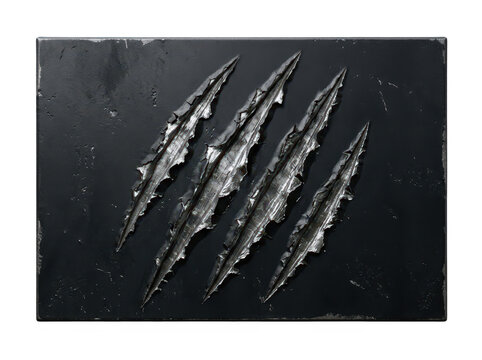 Metallic black plate with deep claw scratches isolated on transparent background. Ideal for gaming or sci-fi posters.