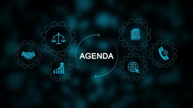 Business agenda concept with rotating gear and corporate communication symbols, infographic motion for meeting presentations and strategy planning