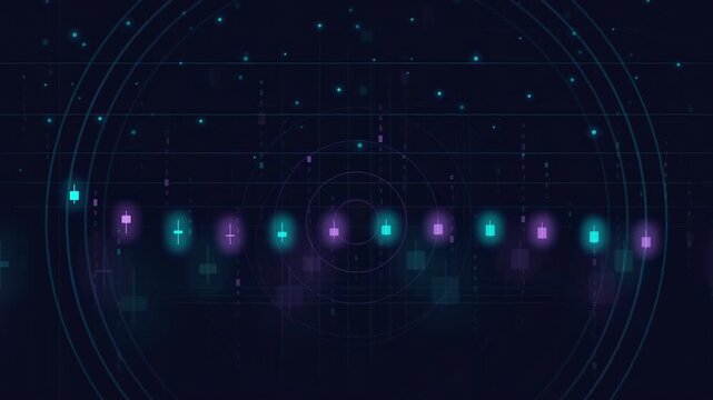 Abstract Digital Financial Chart with Glowing Candlestick Data Points on Dark Futuristic Background