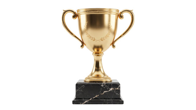 Golden trophy cup isolated on transparent background, award for winning a competition or championship