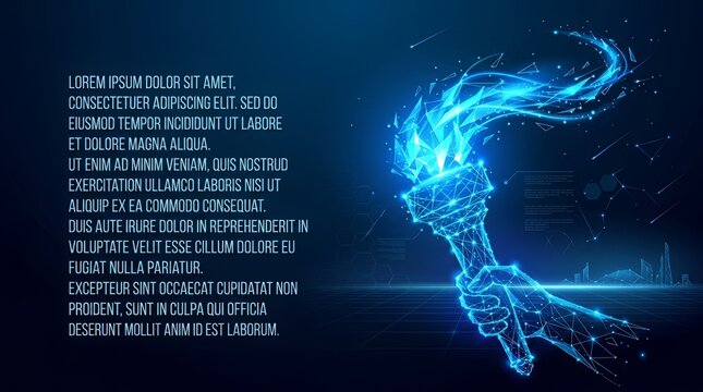 Digital torch in a human hand, glowing with blue polygonal light, symbolizing innovation, leadership, and progress in a futuristic technological context with placeholder text
