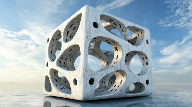 Futuristic organic concrete cube rotating on a reflective surface against a blue sky, showcasing modern abstract architectural design and parametric art structure