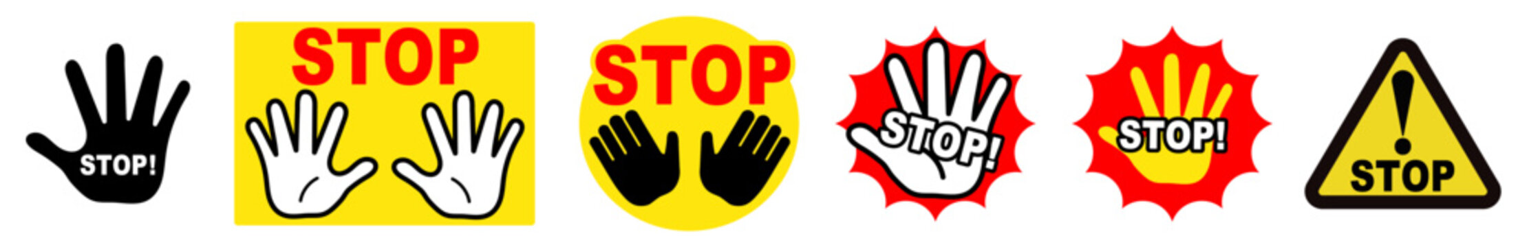 禁止や警告をイメージしたSTOPのベクターイラストセット。手のひら、警戒標識、注意喚起バッジ（赤・黄・黒）のバリエーション
