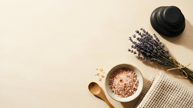 a bowl of salt and lavender flowers on a table