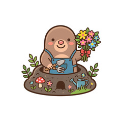 Fototapeta premium Cute cartoon mole gardening and holding flowers