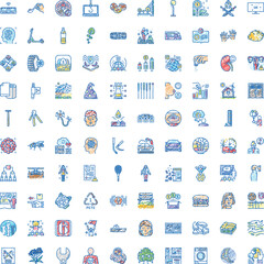 Fototapeta premium Hand drawn linear icon set illustrating global communication, digital health, sustainable energy, analytics and everyday activities in a simple, colorful doodle style for modern projects