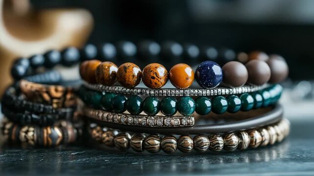Elegant men's fashion bracelets with semiprecious stones and silver details resting on a dark surface, showcasing various stylish and beaded wristband designs