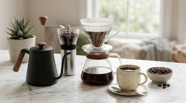 Pour over coffee brewing set with matte black kettle, glass server, and manual grinder on marble
