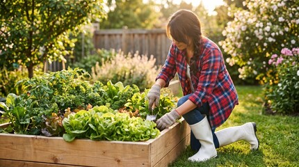 Fototapeta premium A woman in a plaid shirt and white boots kneels beside a lush raised garden bed, using a hand trowel to tend lettuce and kale in her backyard.