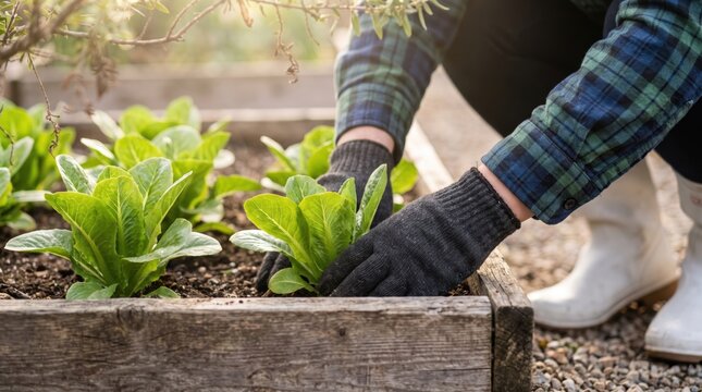 Close-up shot of gloved hands caring for romaine lettuce seedlings in a weathered wooden raised bed, with soft natural light filtering through branches.