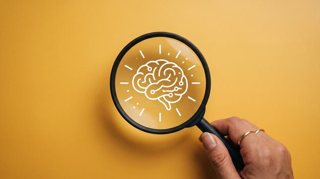 Brain Under Magnification: A magnifying glass focuses on a stylized illustration of a human brain, symbolizing thought, intellect, and discovery.