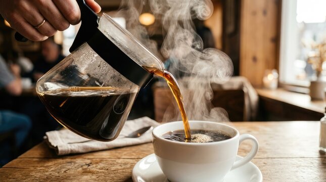 Dynamic steam rising as fresh hot coffee is poured from glass carafe into white ceramic cup