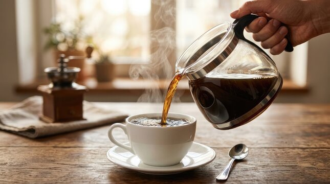 Fresh filter coffee poured into white ceramic cup on wooden table with antique grinder by window