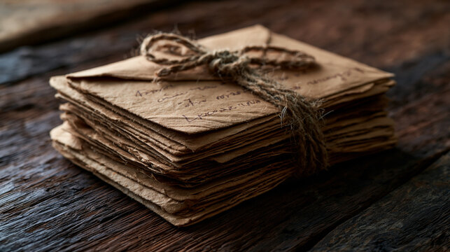 A stack of vintage handwritten letters tied together with twine on a dark wooden table. Ideal for historical and nostalgic concepts.