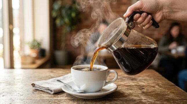 Barista pouring steaming hot black coffee from classic glass carafe into white ceramic cup in cafe