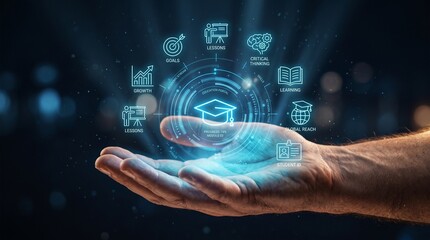 Fototapeta premium Digital Education at Your Fingertips: A glowing holographic display showcasing educational icons floats above an open palm, symbolizing access to knowledge and learning resources.
