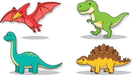 Cute Cartoon Dinosaur Characters Including Tyrannosaurus Rex and Pterodactyl Flat Vector Illustration Set Isolated on White Background © MDFahim
