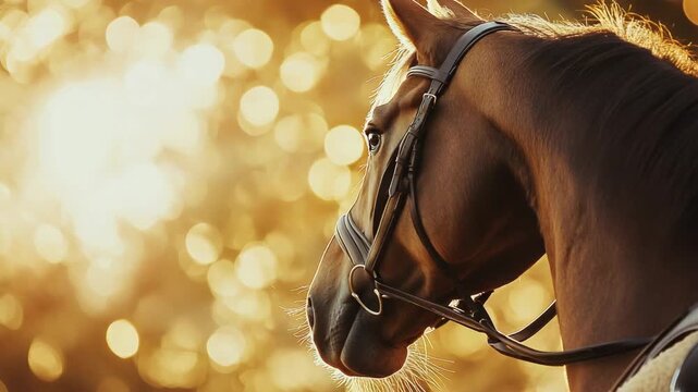 Close-up profile of a beautiful brown horse with a bridle standing in the magical golden sunlight of a beautiful sunset with a soft focus background and bokeh effect