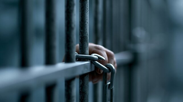 A close-up of a hand grasping prison bars, symbolizing confinement and justice.