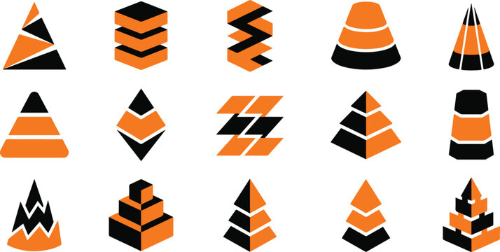 Set of abstract geometric shapes and isometric pyramid icons in black and orange colors for modern graphic design projects