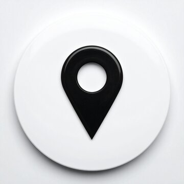 A minimalist black location pin symbol centered on a clean white circular disc representing navigation technology and digital mapping concepts.