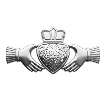 Detailed silver claddagh ring symbol with intricate knotwork on transparent backdrop.