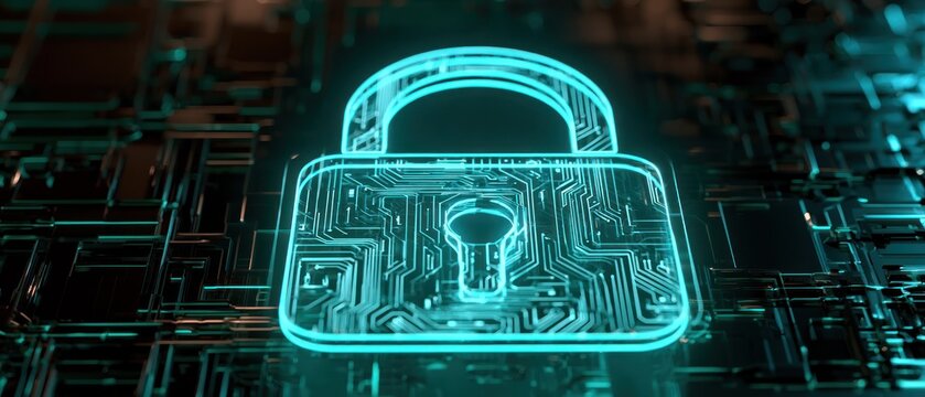 Cyber security digital lock icon on circuit board background glowing blue neon effect