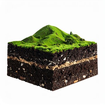 A three dimensional cross section of a green grassy hill showing various layers of rich soil and minerals isolated on a clean white background.