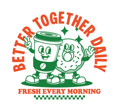 Retro coffee cup and donut mascot vector with vintage typography. Cute breakfast characters for cafe branding, t shirt, hoodie, streetwear, stickers, logos, prints, and merchandise