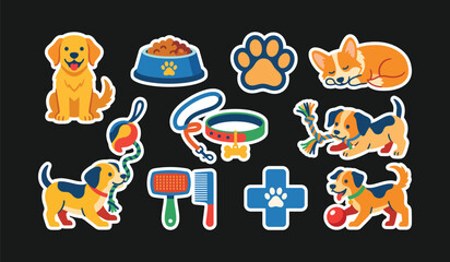 Obraz premium Collection of puppy dog pet care and training stickers on a white background and color black with training stickers grooming veterinary illustration white background and color black
