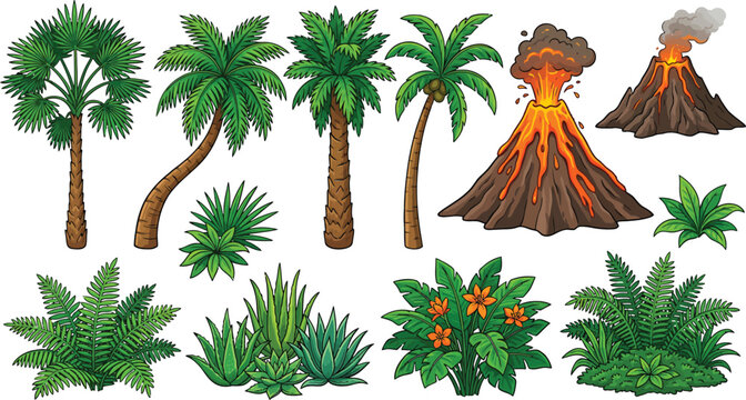 Tropical island elements set with palm trees exotic plants and erupting volcanoes in hand drawn vector style