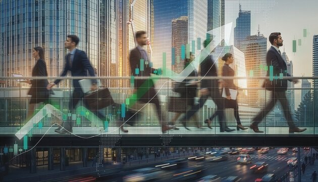 motion blurred Businesspeople walking across an urban skywalk overlaid with financial stock market growth charts and an upward green arrow.