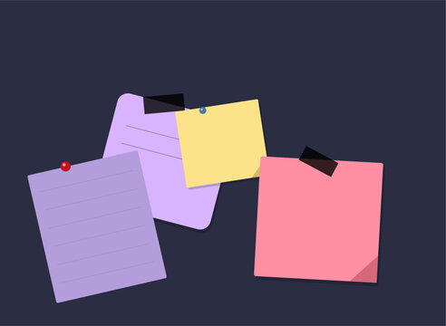 Sticky notes attached with tape and pins on a dark background conceptualizing reminders and planning