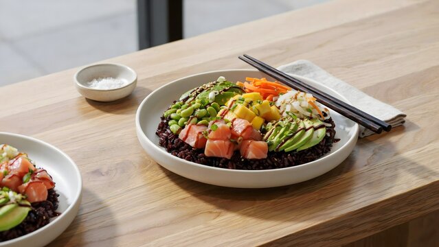 Fresh poke bowl with salmon, avocado, and edamame &ndash; Great for Hawaiian cuisine, healthy lunch menus, or food delivery.