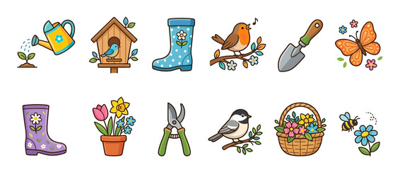 Charming Spring Garden Icons: Birds, Boots, and Tools © Mangga