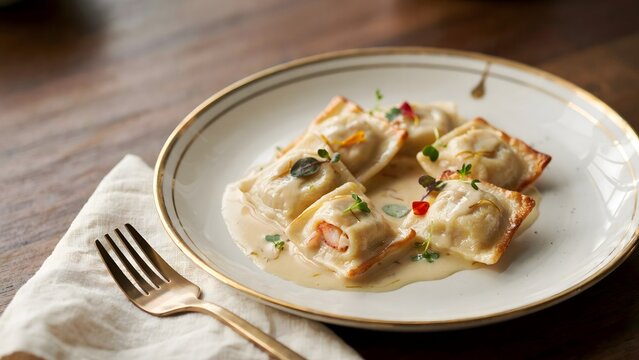 Hand pleated lobster ravioli on gold rimmed plate &ndash; Suitable for upscale restaurant branding, Italian food, or recipe books.