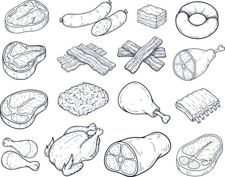 Meat and poultry food icons. Hand drawn sketch set of various raw and cooked protein items.
