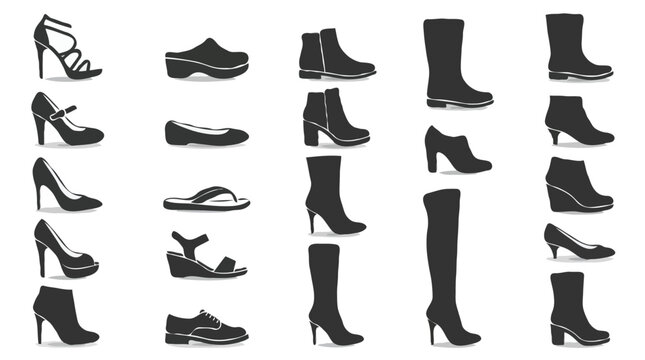 Female shoes silhouette icon set including high heels boots and sandals vector collection