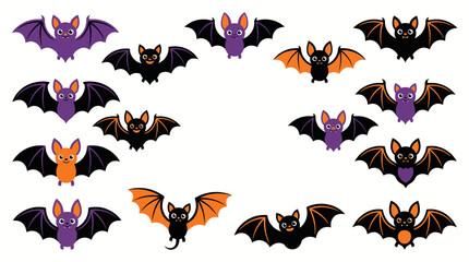 Fototapeta premium Halloween bat vector collection, 14 cute cartoon bats set, purple and orange spooky flying bat icons for party invitations and decor isolated on White Background