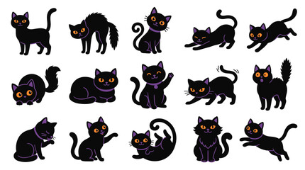 Obraz premium Black cat vector set with 15 icons, spooky Halloween kitten characters in various poses, cute feline mascot collection for festive design isolated on White Background