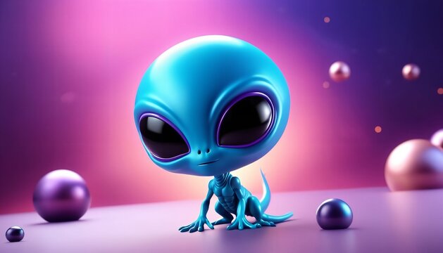 Cute Blue Alien Standing on Minimal Purple Planet