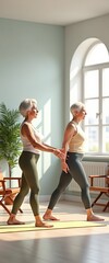 Naklejka premium Senior Women Practicing Yoga in Bright Light-Filled Room with Large Window