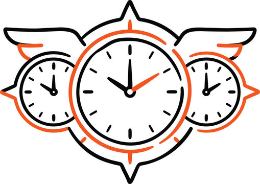 World time zone clocks with wings representing global flight schedules, black and orange hand-drawn outlined icon