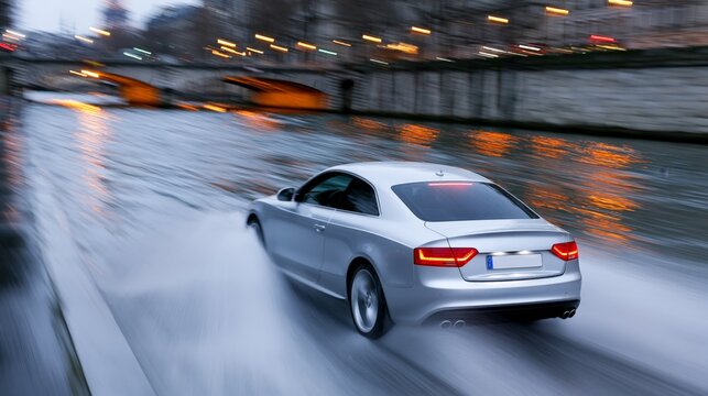 A sleek silver car driving through a rain-soaked urban landscape at dusk.
