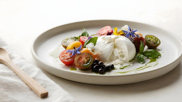 Creamy burrata plate with balsamic pearls and oil &ndash; Perfect for restaurant branding, fresh food blogs, or Italian cuisine.