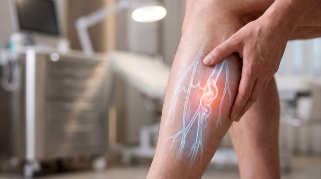 Man Holding Painful Calf with Inflamed Varicose Vein. Peripheral Artery Disease, Chronic Venous Insufficiency and Leg Pain Medical Concept