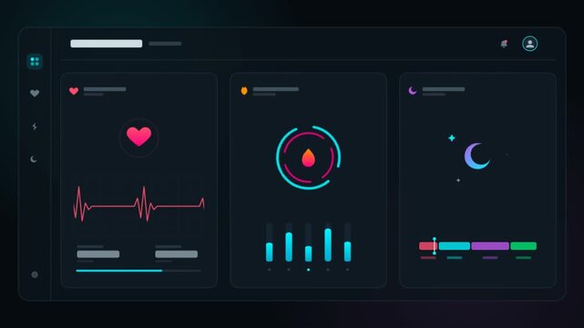 Futuristic medical dashboard interface, digital health tracking app UI with heartbeat monitor, biometric data visualization for healthcare software